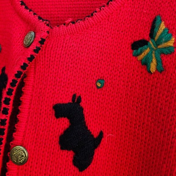 80s Scottie Dog Cardigan Red Embroidered Knit Vintage Novelty Sweater - Picture 6 of 14